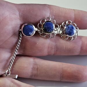 Vintage Dante Silver Tone Blue Semiprecious Cufflinks And Tie Pin Set